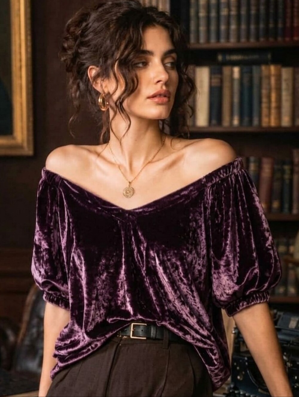 LOFT Plum Crushed Velvet Off Shoulder Blouse L Dark Academia Romantic